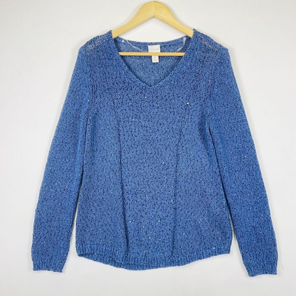 Chico's Blue Sequin Chunky Cable Knit Pullover V-Neck Sweater Womens 1 Medium 8 - Picture 1 of 5